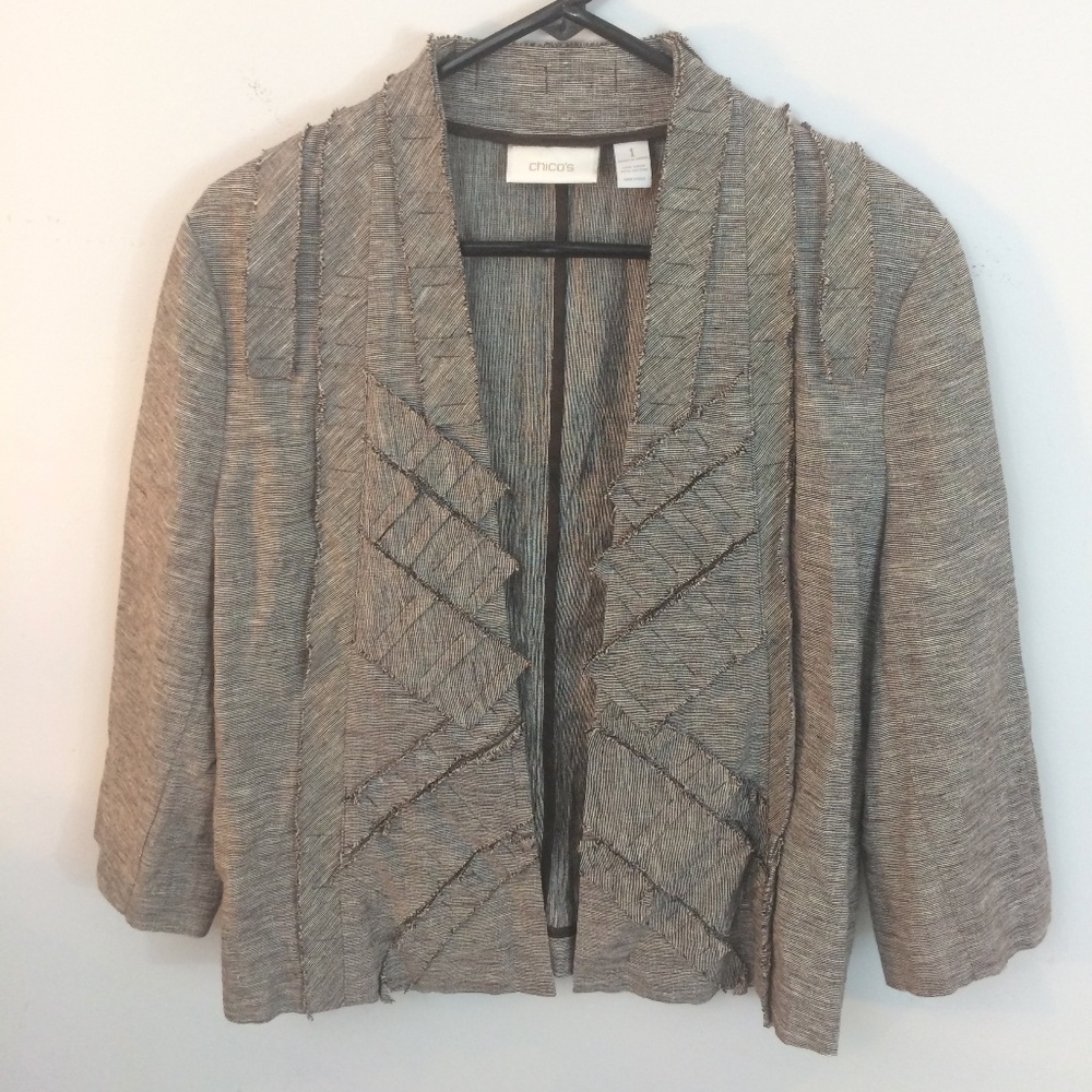 Chicos Sz 1 (MED) Linen Blend Open Front Pleated Brown Blazer Jacket 3/4 Sleeve